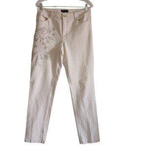 Dana Buchman Embroidered Floral Winter White Ivory Textured Denim Jeans Pants 10